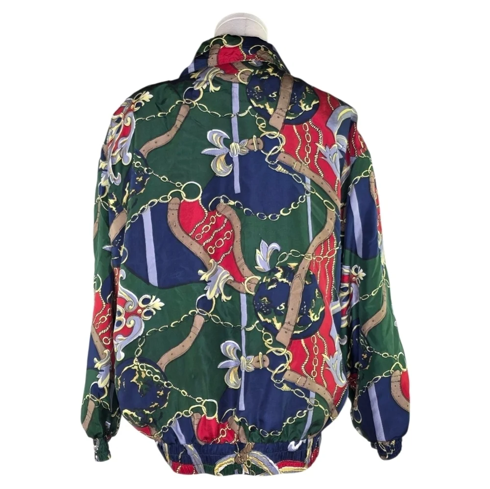 Fu Da Intl Vintage Silk Chain Print Bomber Jacket 90s Equestrian Scarf - Picture 3 of 10